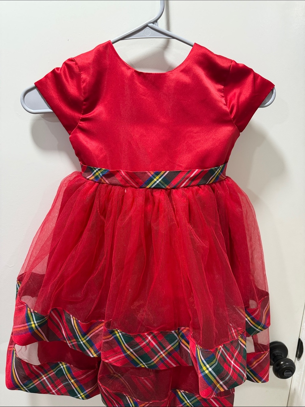 Blueberi Boulevard Red Tulle Party Dress with Plaid Trim